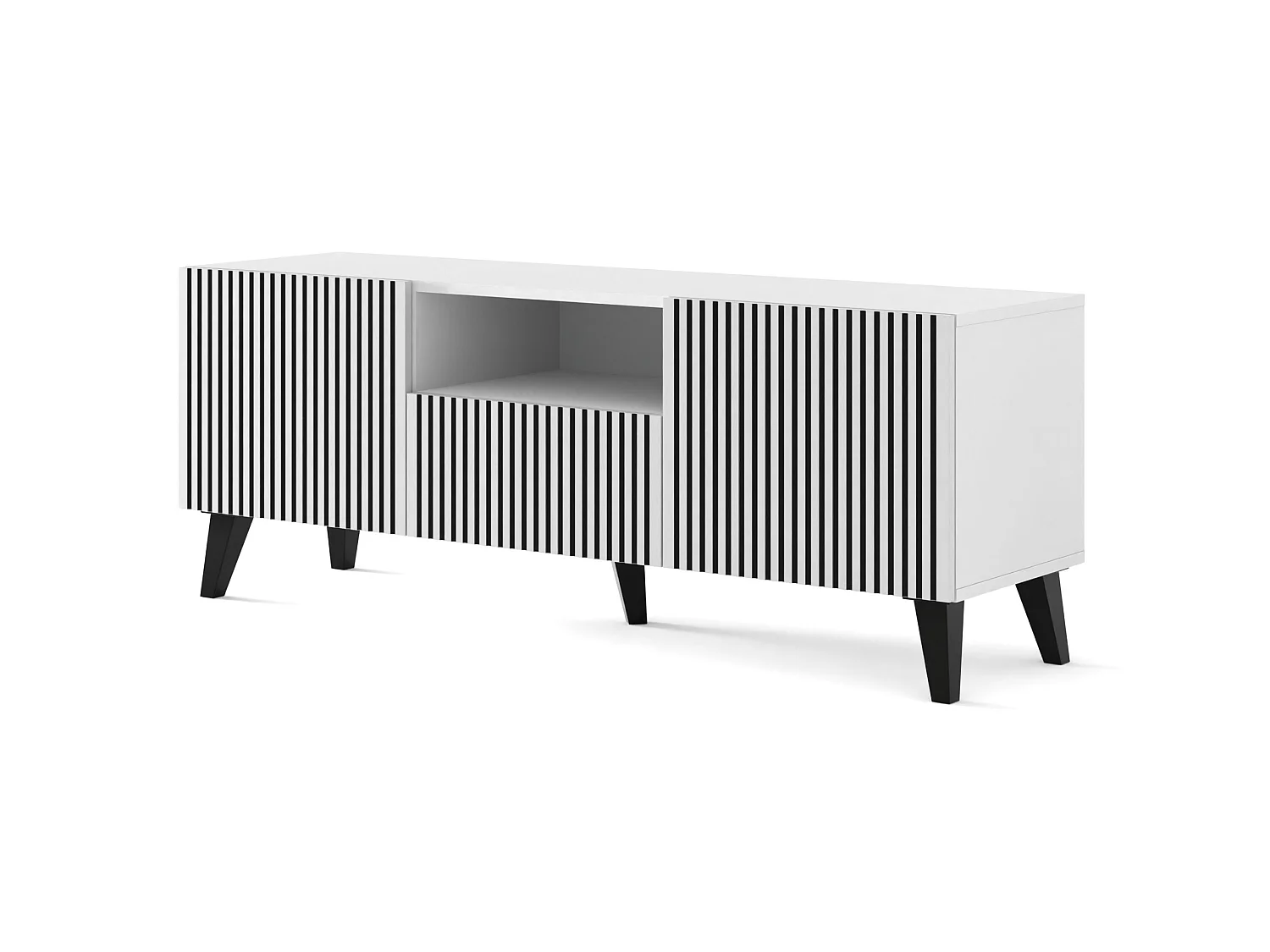 Meuble TV RAVENNA P 150 cm 2D1S blanc mat / noir mat + pieds noirs