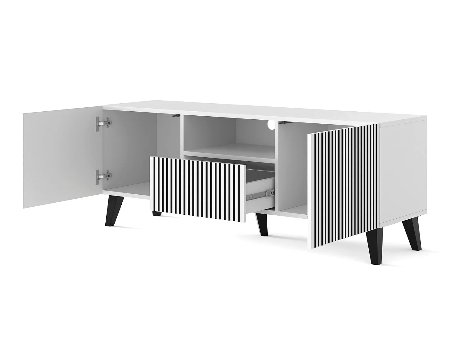 TV-meubel RAVENNA P 150 cm 2D1S mat wit / mat zwart + zwarte poten