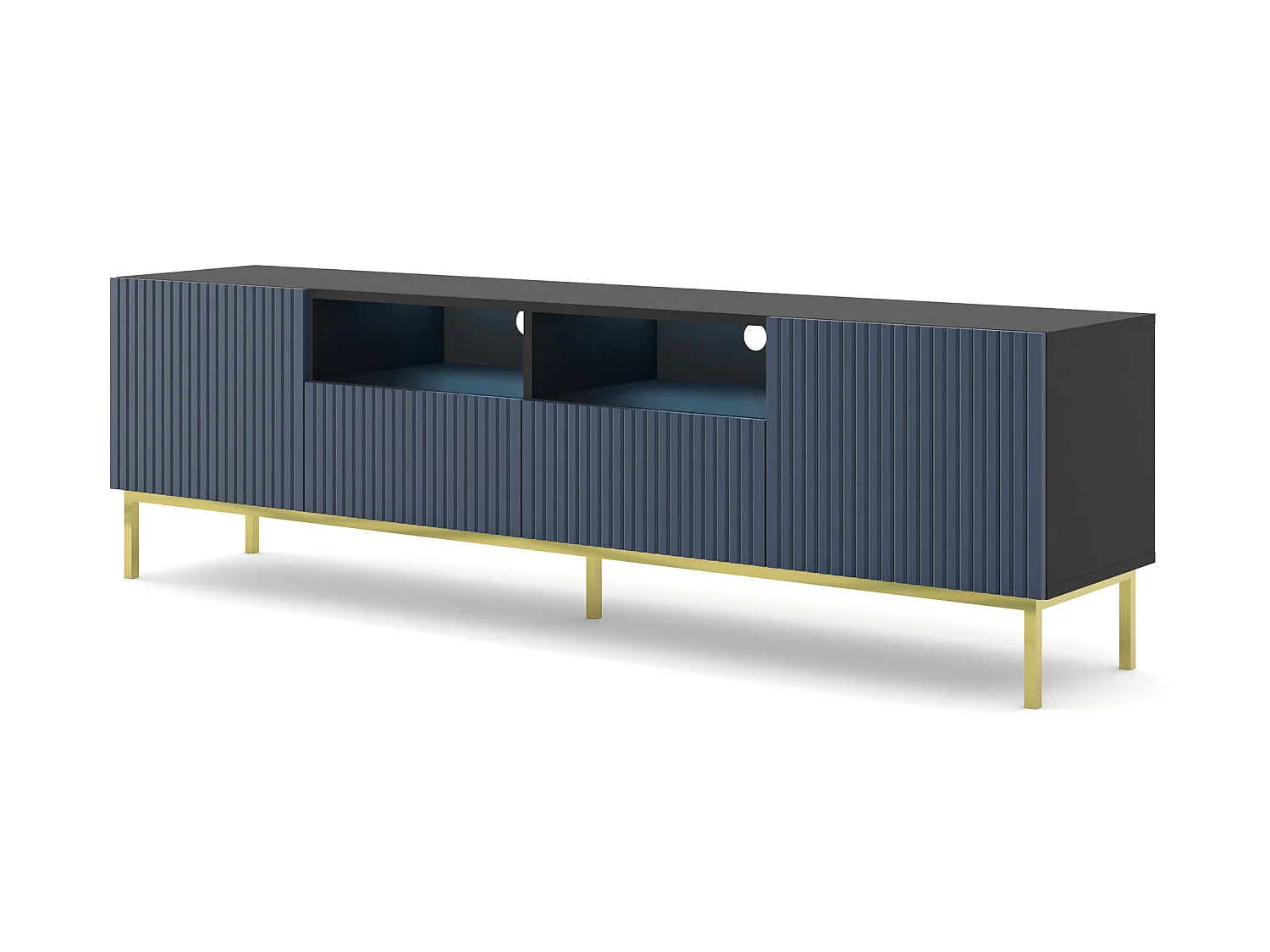 Meuble TV RAVENNA B 200 cm 2D2S noir mat / bleu marine - cadre doré