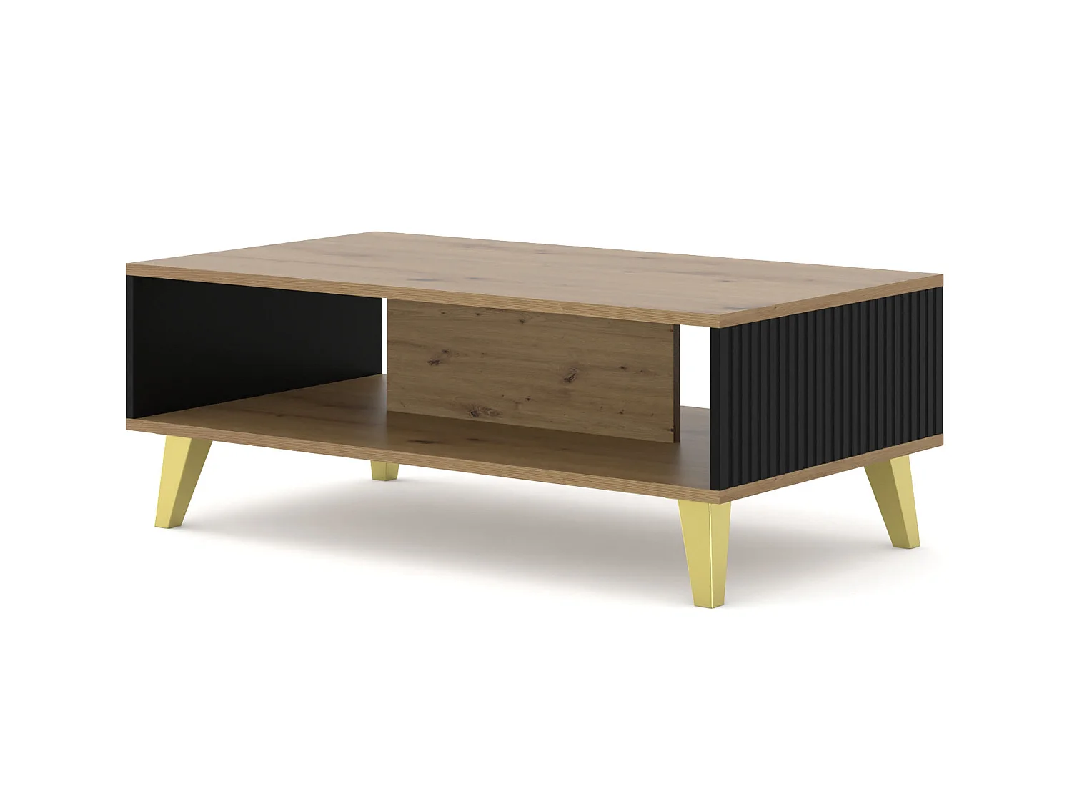 Table basse RAVENNA B 90x60 cm chêne artisan / noir mat + pieds dorés