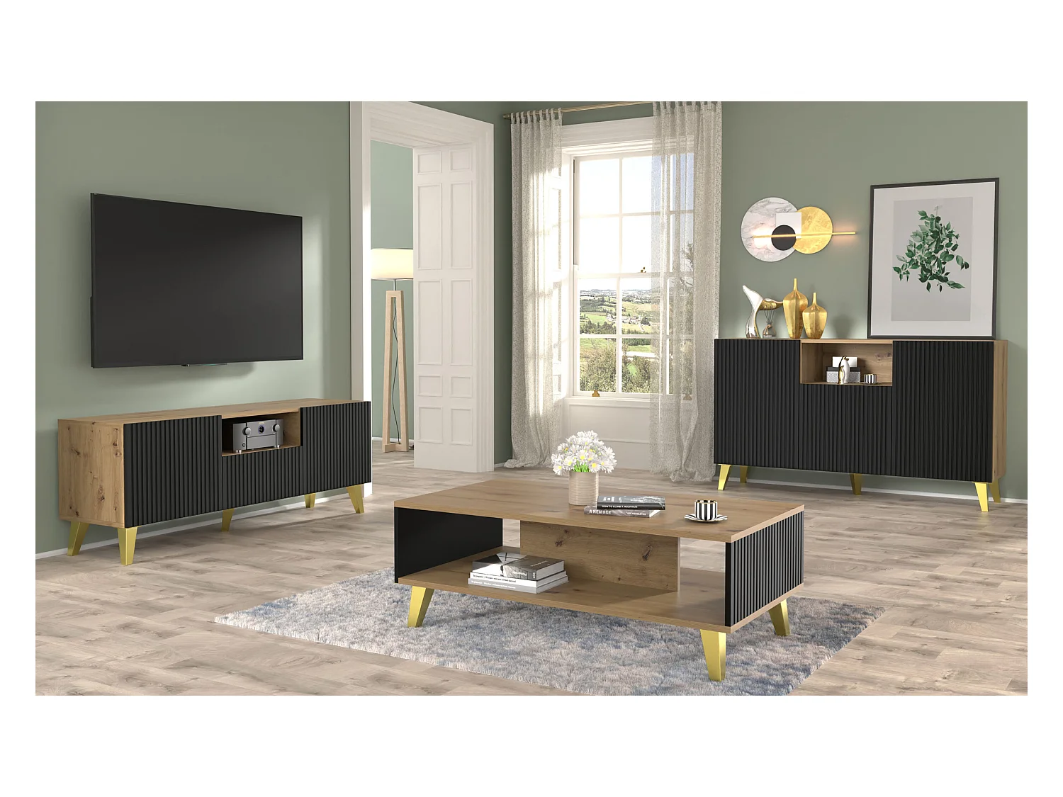 Couchtisch RAVENNA B 90x60 cm Artisan Eiche / Schwarz Matt + Goldene Beine