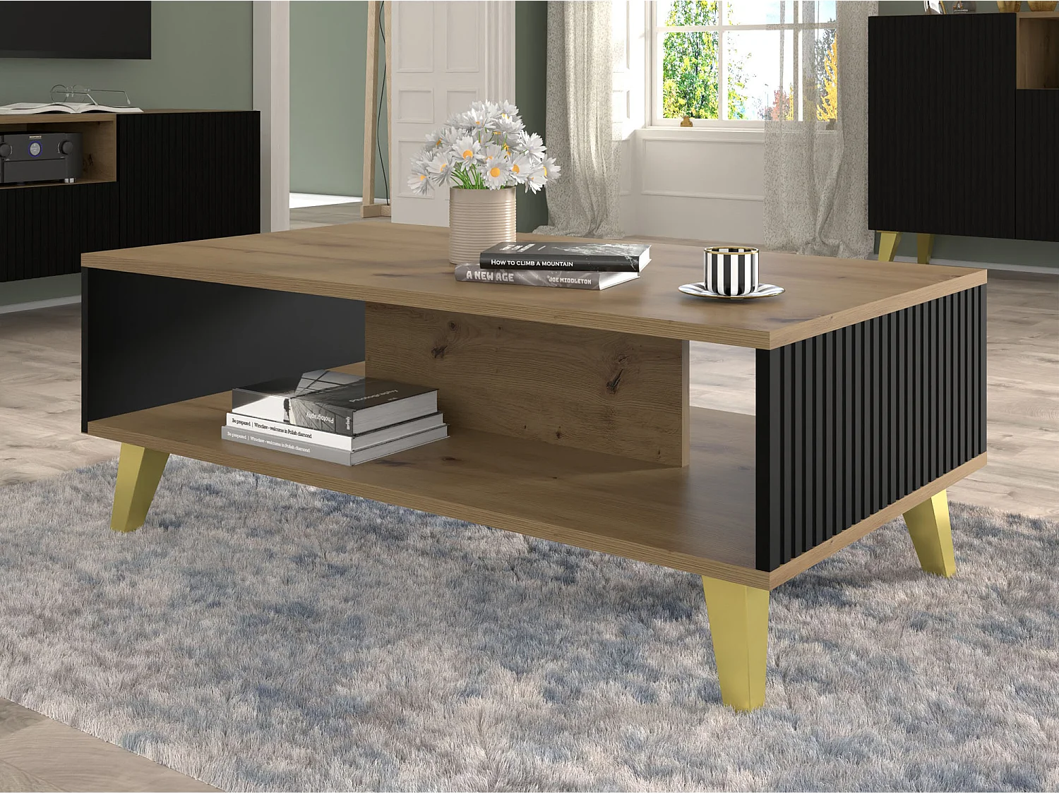 Salontafel RAVENNA B 90x60 cm artisan eiken / mat zwart + gouden poten