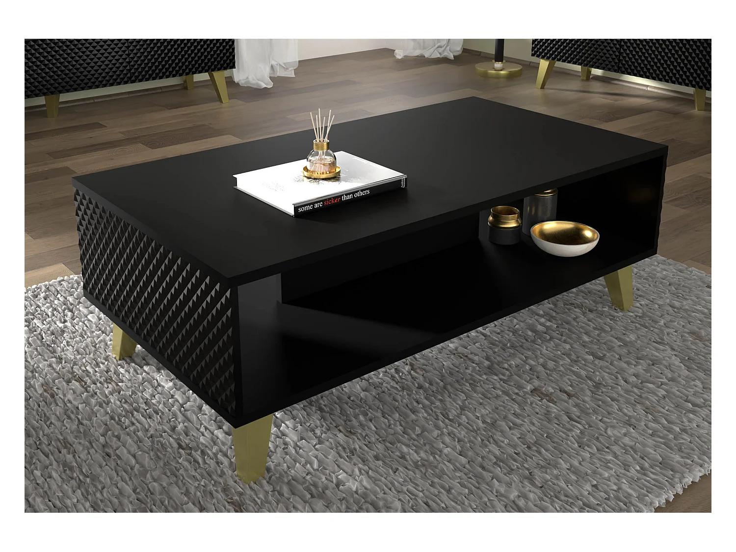 Table basse RAVENNA C 90x60 cm noir brillant +  pieds dorés