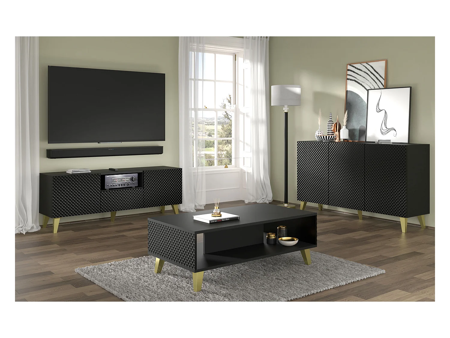 Table basse RAVENNA C 90x60 cm noir brillant +  pieds dorés