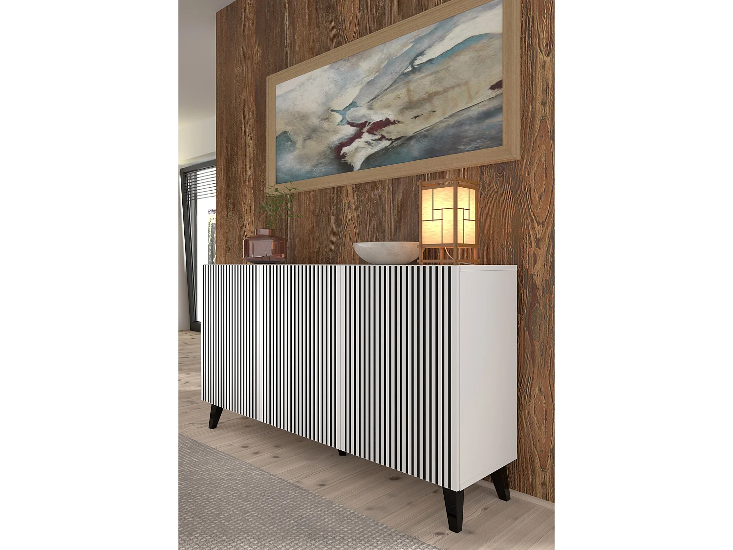 Commode RAVENNA P 150 cm Buffet 3D blanc mat / noir mat + pieds noirs