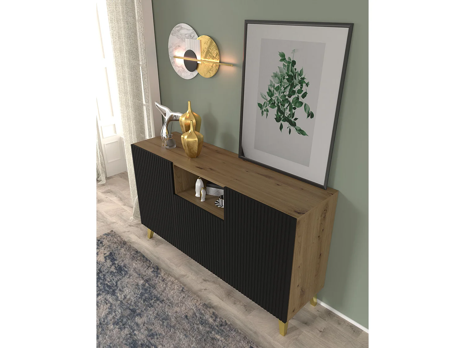 Ladenkast RAVENNA B 150 cm 2D1DM artisan eiken / mat zwart + gouden poten