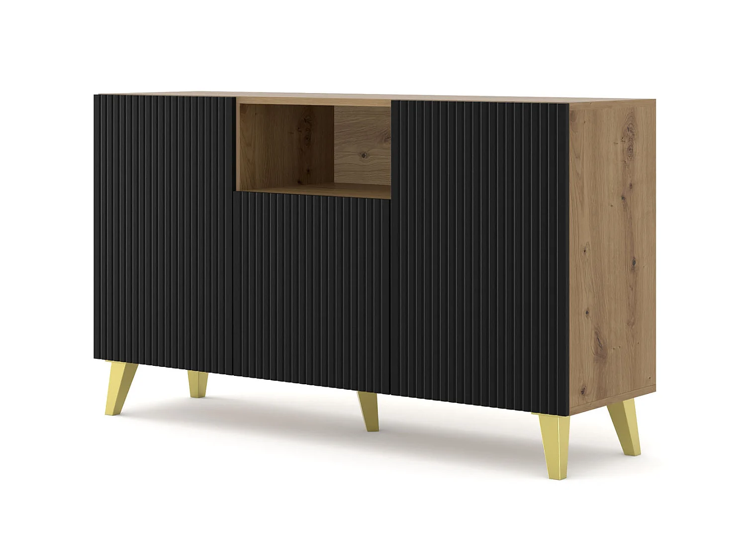 Commode RAVENNA B 150 cm 2D1DM chêne artisan / noir mat + pieds dorés