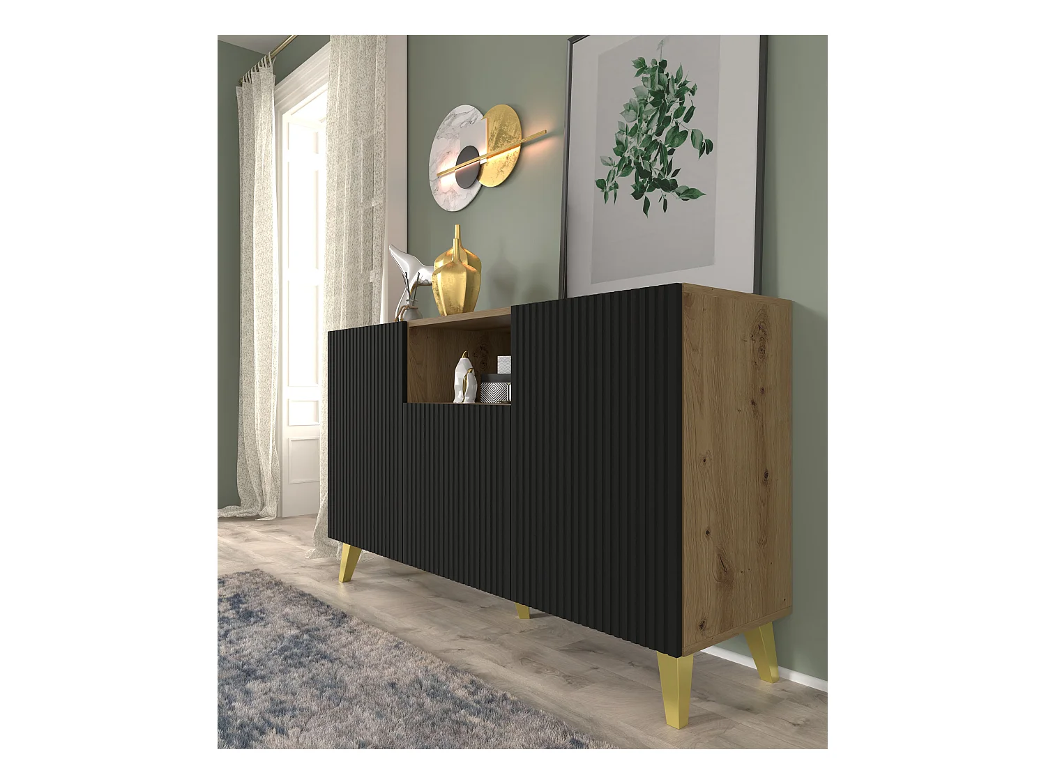 Commode RAVENNA B 150 cm 2D1DM chêne artisan / noir mat + pieds dorés