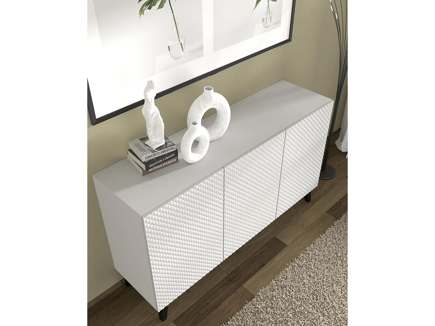 Ladenkast RAVENNA C 150 cm 3D glanzend wit + zwarte poten