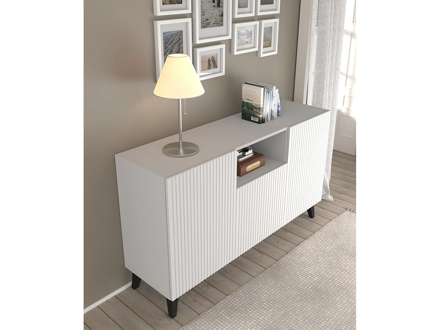 Ladenkast RAVENNA B 150 cm 2D1DM mat wit + zwarte poten