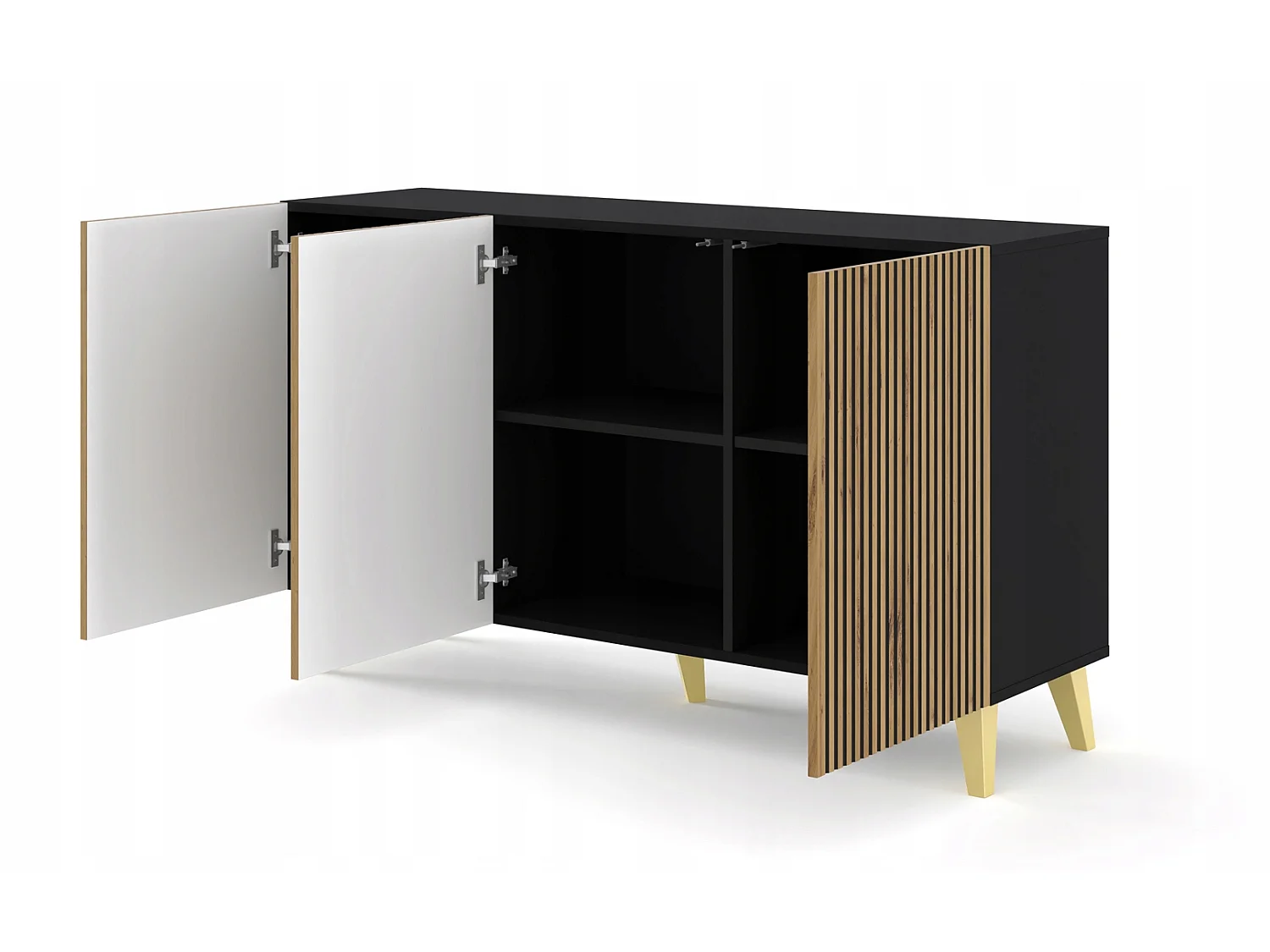 Kommode RAVENNA P 150 cm 3D Schwarz Matt / Artisan Eiche + Goldene Beine