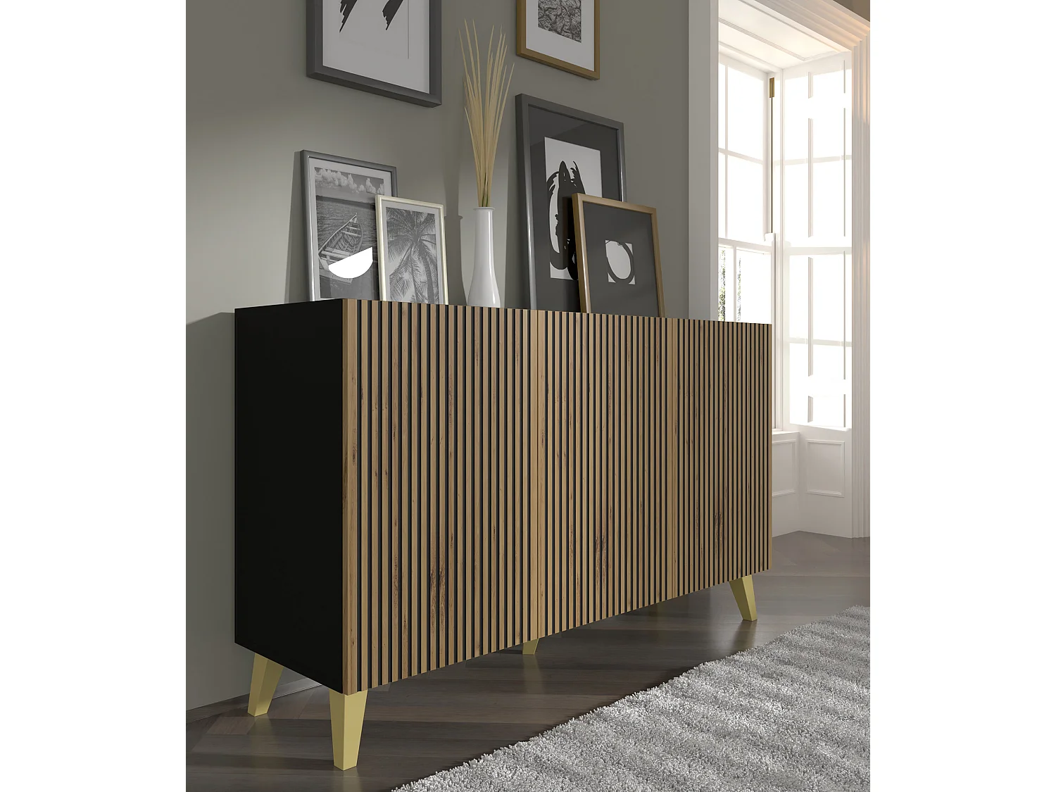 Kommode RAVENNA P 150 cm 3D Schwarz Matt / Artisan Eiche + Goldene Beine