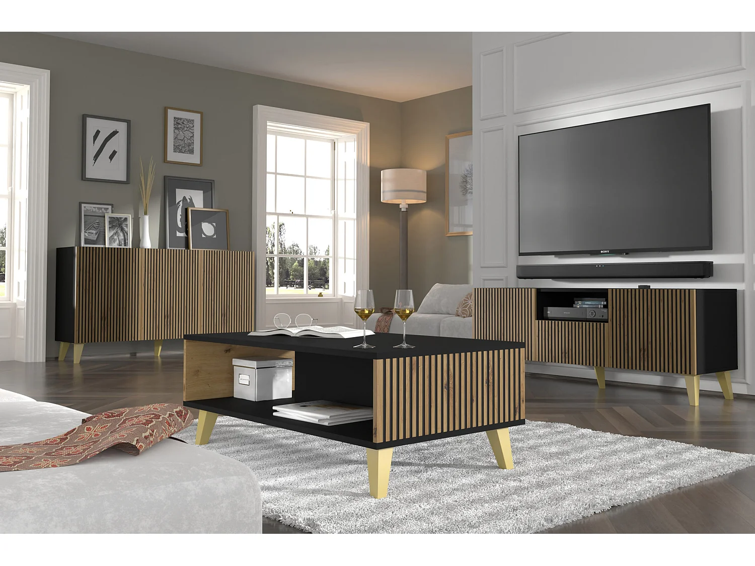 Kommode RAVENNA P 150 cm 3D Schwarz Matt / Artisan Eiche + Goldene Beine