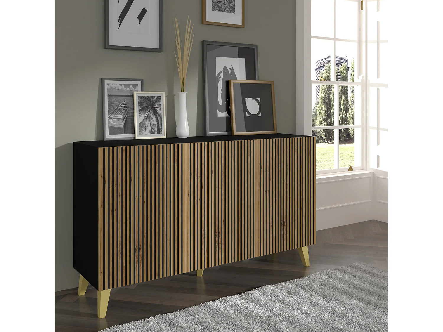 Kommode RAVENNA P 150 cm 3D Schwarz Matt / Artisan Eiche + Goldene Beine