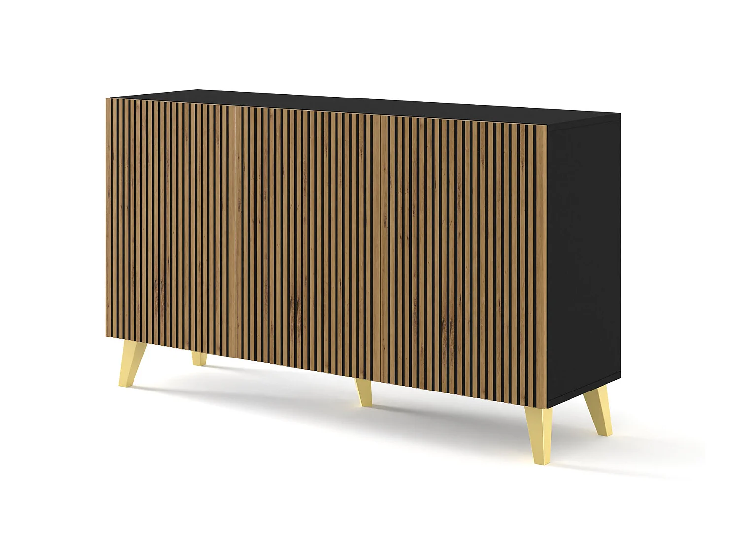 Commode RAVENNA P 150 cm Buffet 3D noir mat / chêne artisan + pieds dorés