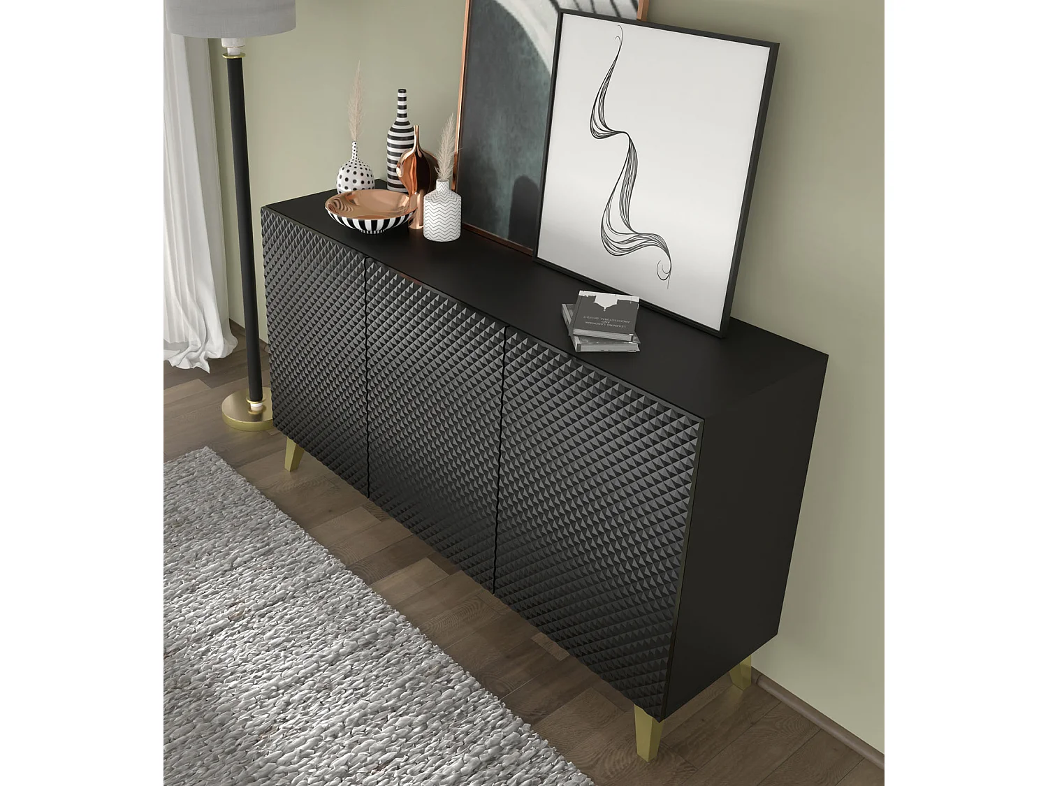 Ladenkast RAVENNA C 150 cm 3D glanzend zwart + gouden poten