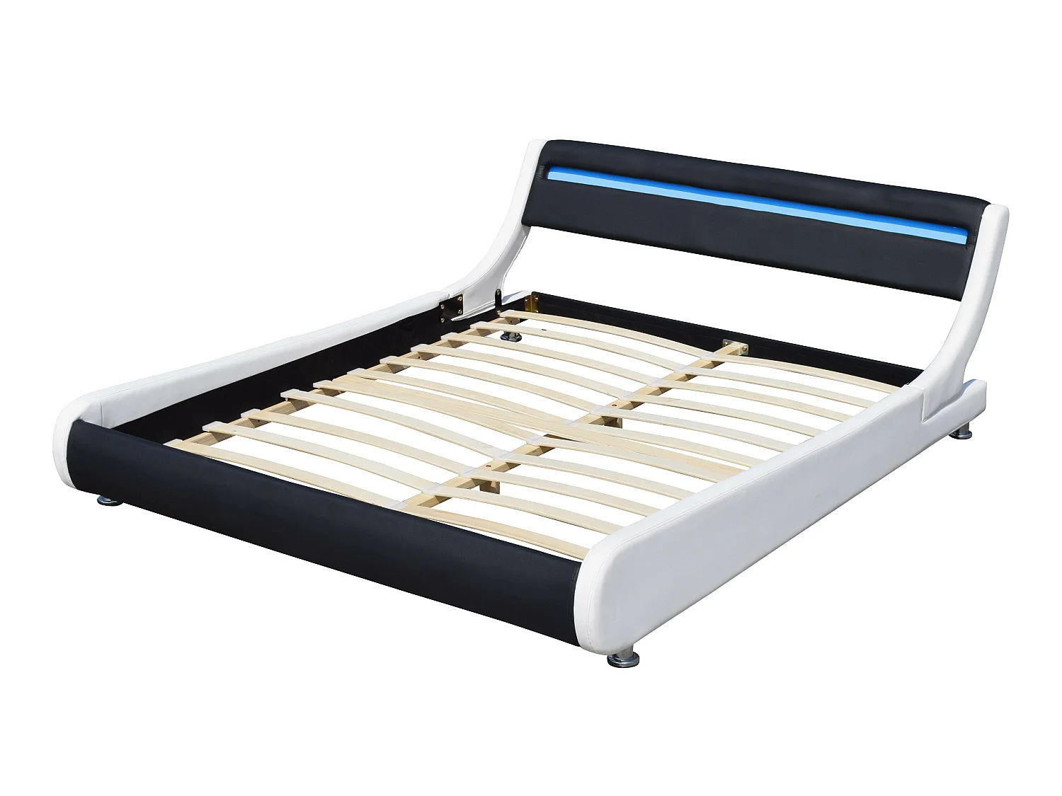 Lit ava pour matelas 160x200 - Sommier + Tête de Lit eclairage LED Incurve Couleur BLANC & NOIR