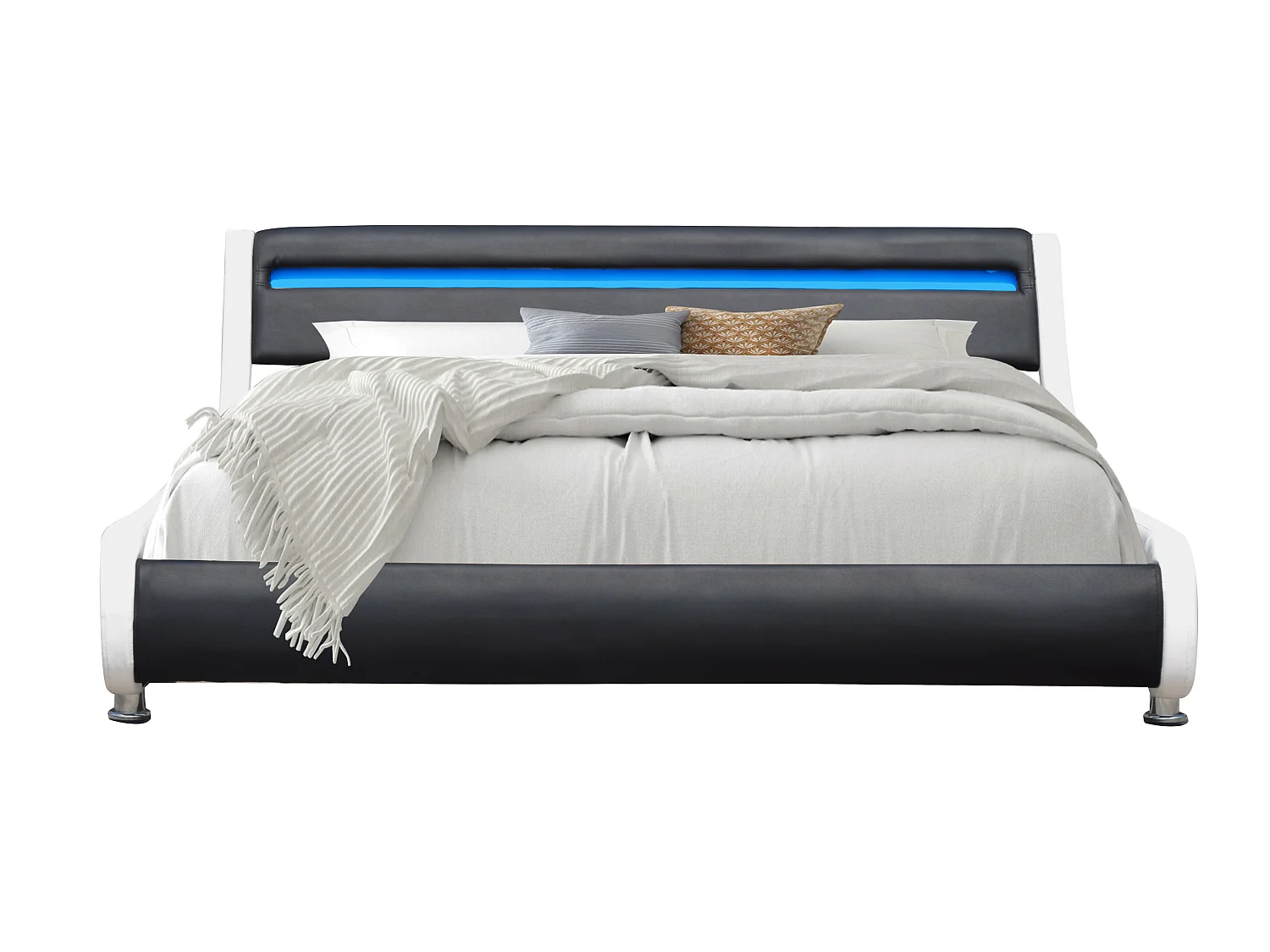 Lit ava pour matelas 160x200 - Sommier + Tête de Lit eclairage LED Incurve Couleur BLANC & NOIR