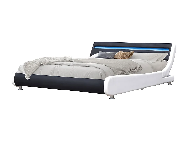 Lit ava pour matelas 140x200 - Sommier + Tête de Lit eclairage LED Incurve Couleur BLANC & NOIR