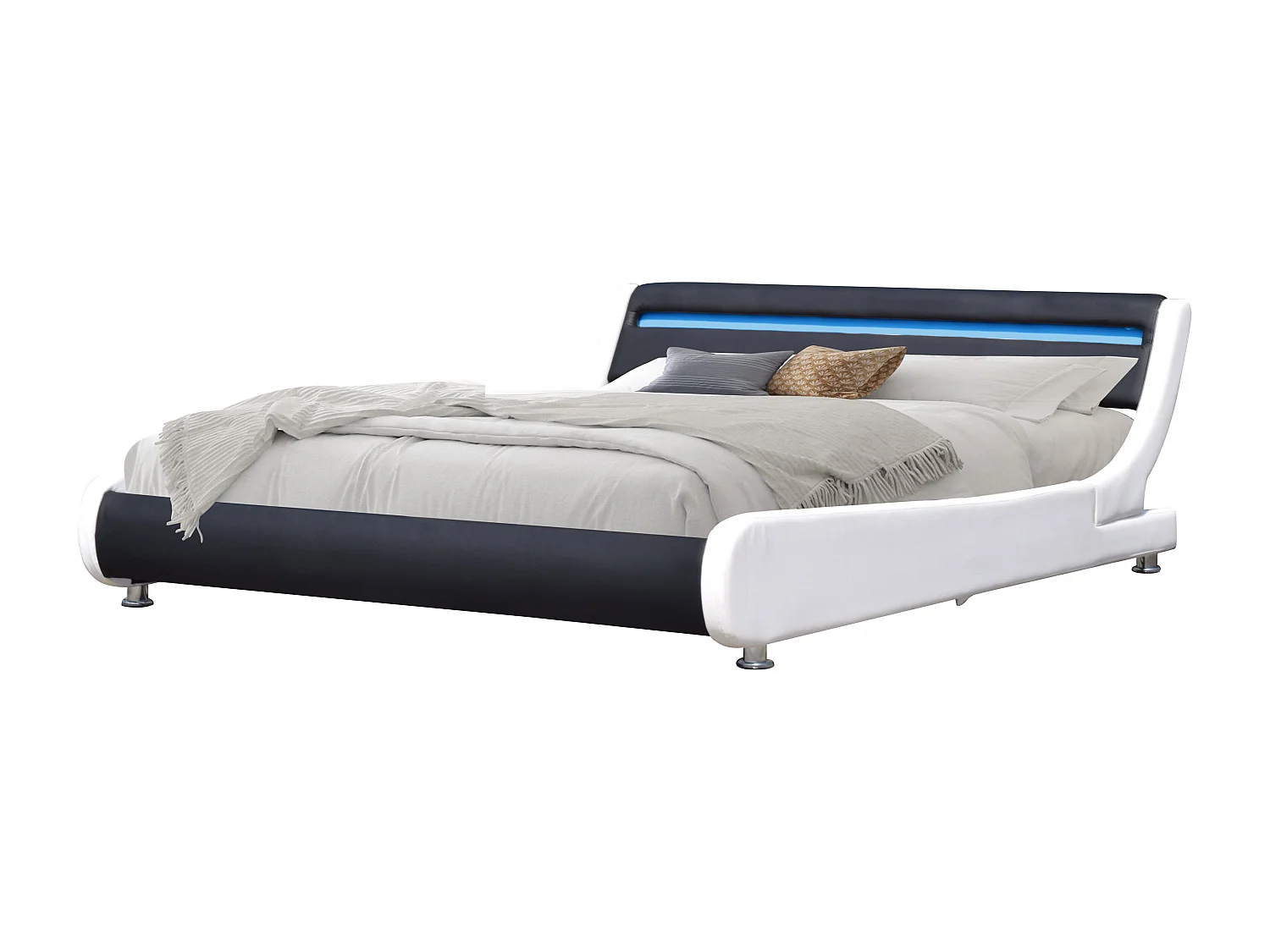 Lit ava pour matelas 140x200 - Sommier + Tête de Lit eclairage LED Incurve Couleur BLANC & NOIR