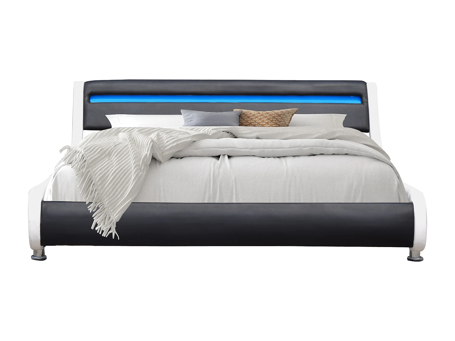 Lit ava pour matelas 140x200 - Sommier + Tête de Lit eclairage LED Incurve Couleur BLANC & NOIR
