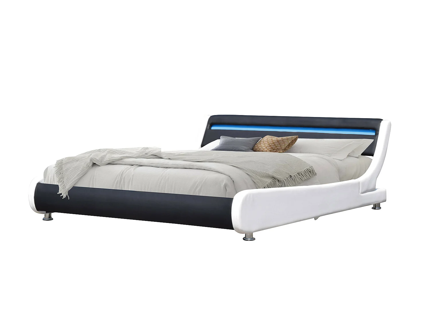 Lit ava pour matelas 140x200 - Sommier + Tête de Lit eclairage LED Incurve Couleur BLANC & NOIR