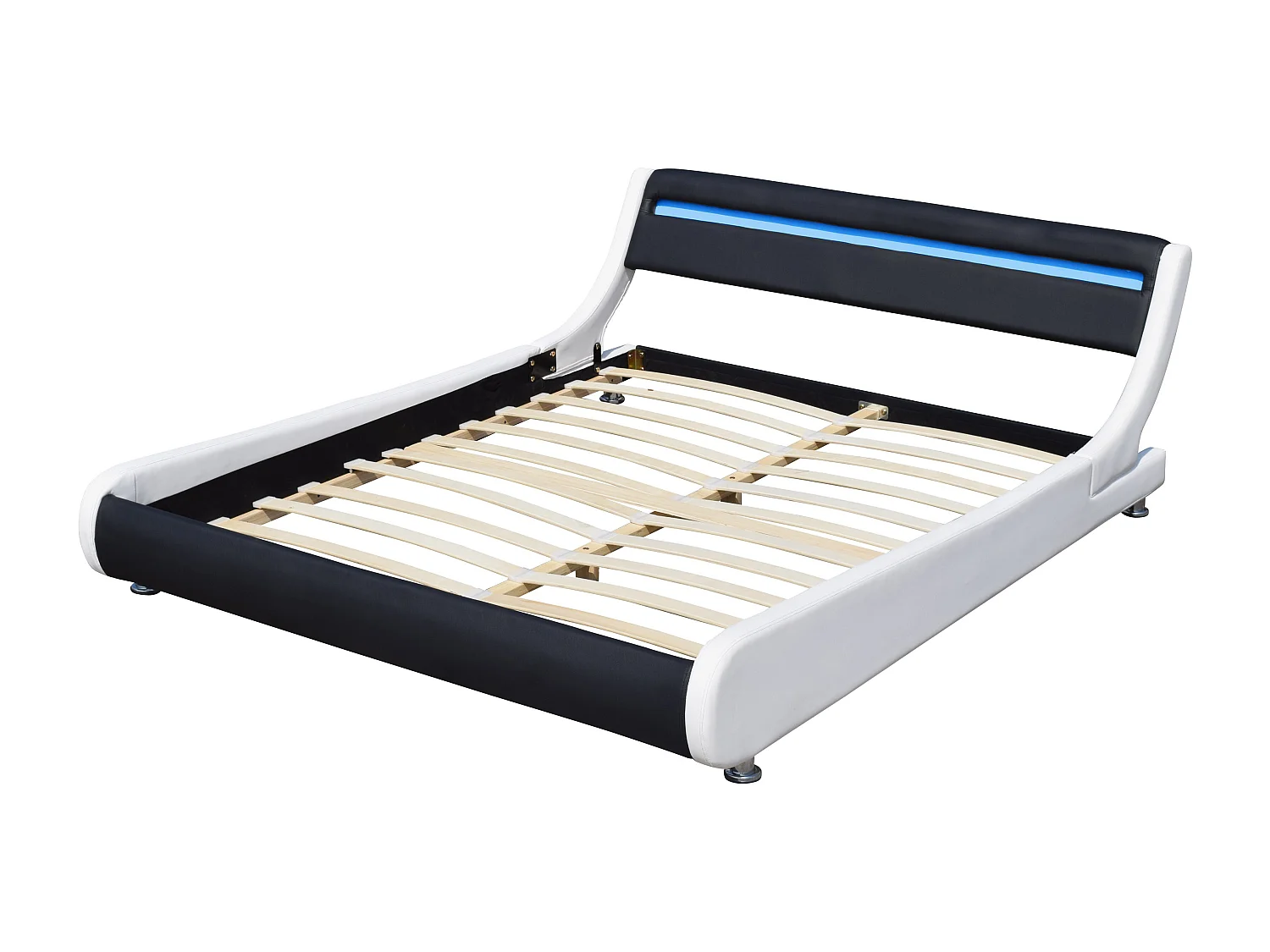 Lit ava pour matelas 140x200 - Sommier + Tête de Lit eclairage LED Incurve Couleur BLANC & NOIR