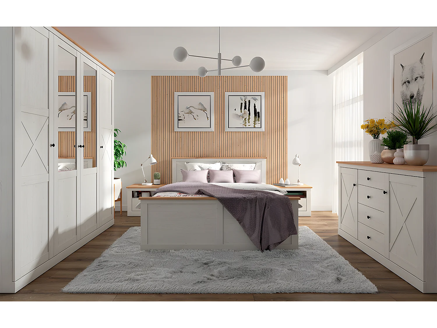 Cama com arrumação com base Victoria branco e madeira 180x200