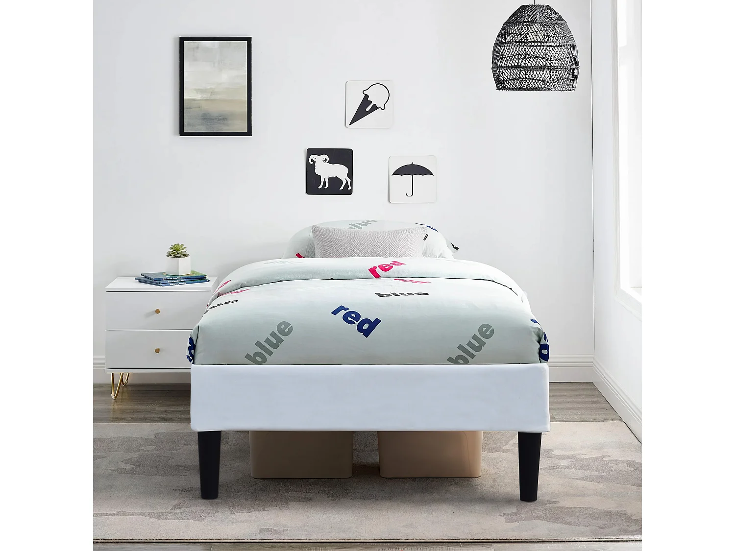 Sommier 70x190 cm déhoussable blanc avec pieds 20 cm et 13 lattes - Anna - revêtement PVC 220g/m2