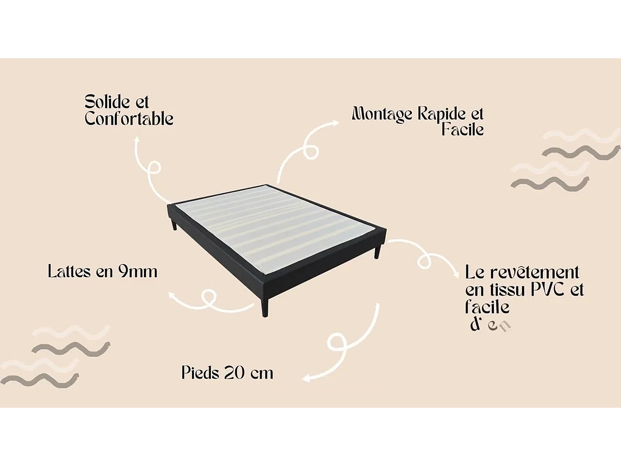 Sommier Tapissier Noir 180x200 déhoussable housse lavable - revetement Tissu PVC