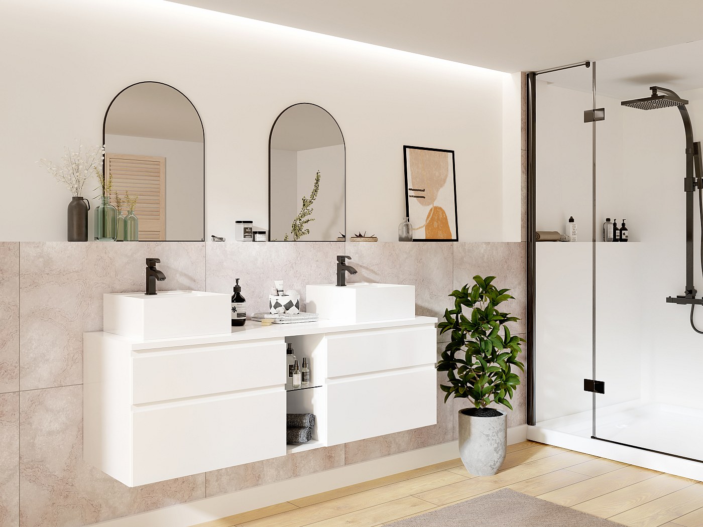 Meuble de salle de bain suspendu double vasque, coloris blanc, L150 cm