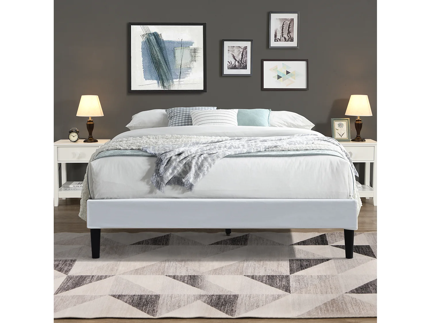 Sommier 180x200 cm déhoussable blanc avec pieds 20 cm et 2x13 lattes - Tissu polyester 220 gr/m2