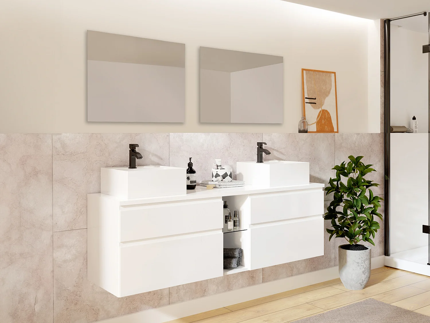 Meuble de salle de bain suspendu avec double vasque et miroirs - Blanc - L150 cm - MAGDALENA II