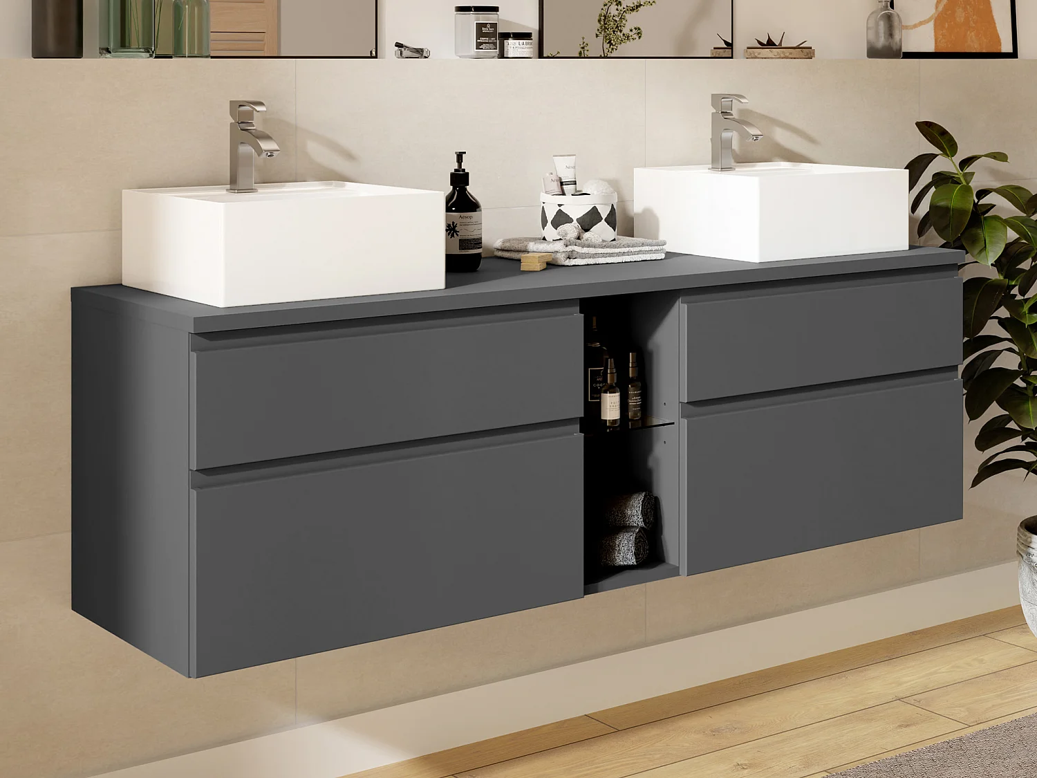 Mueble de baño flotante con doble lavabo - Gris - 150 cm - MAGDALENA II
