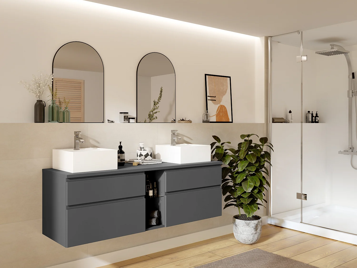 Meuble de salle de bain suspendu avec double vasque - Gris - 150 cm - MAGDALENA II