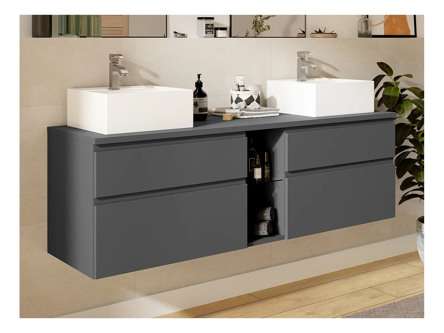 Móvel de casa de banho suspenso com lavatório duplo cinza 150 cm - MAGDALENA II