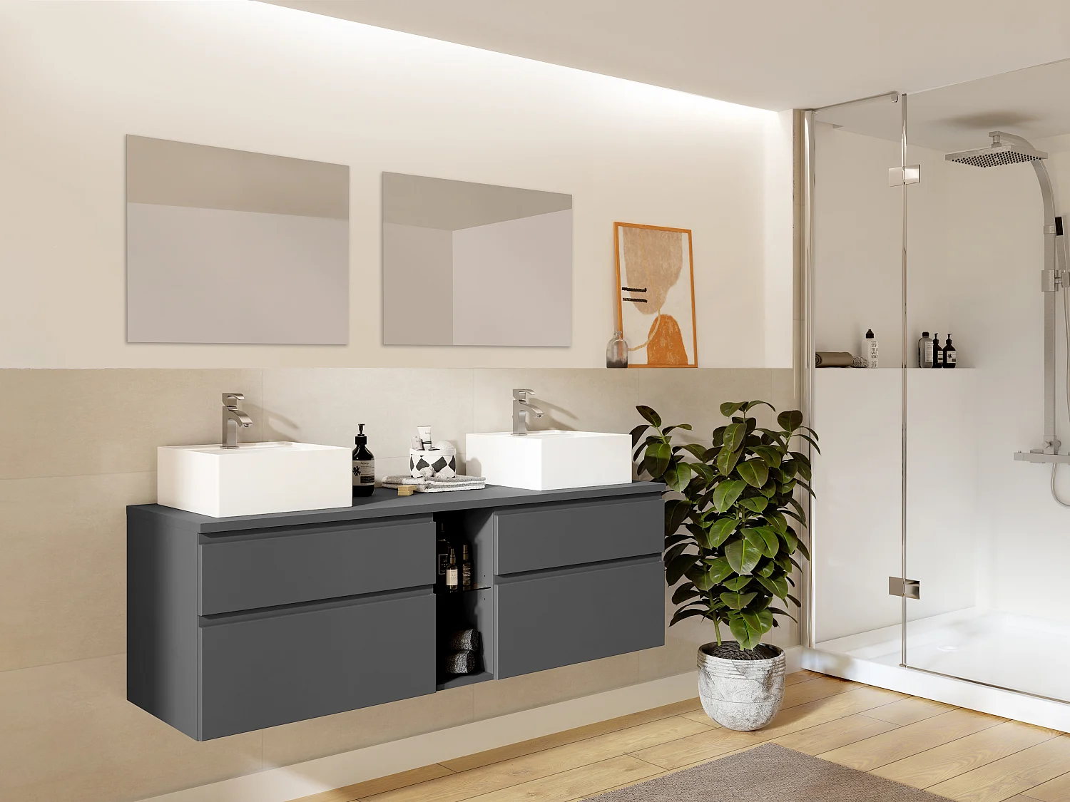 Mobile per bagno sospeso con doppio lavabo e specchi 150 cm Grigio - MAGDALENA II