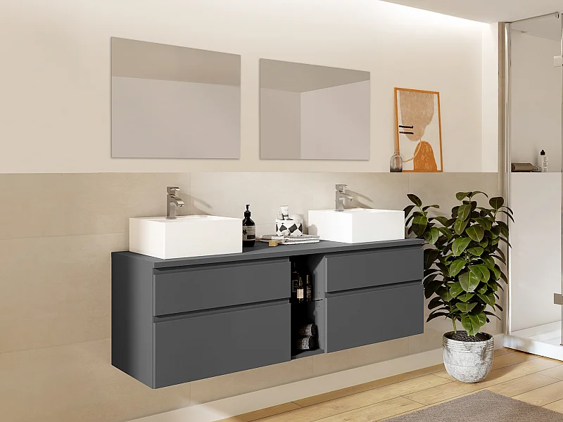 Meuble de salle de bain suspendu avec double vasque et miroirs - Gris - 150 cm - MAGDALENA II