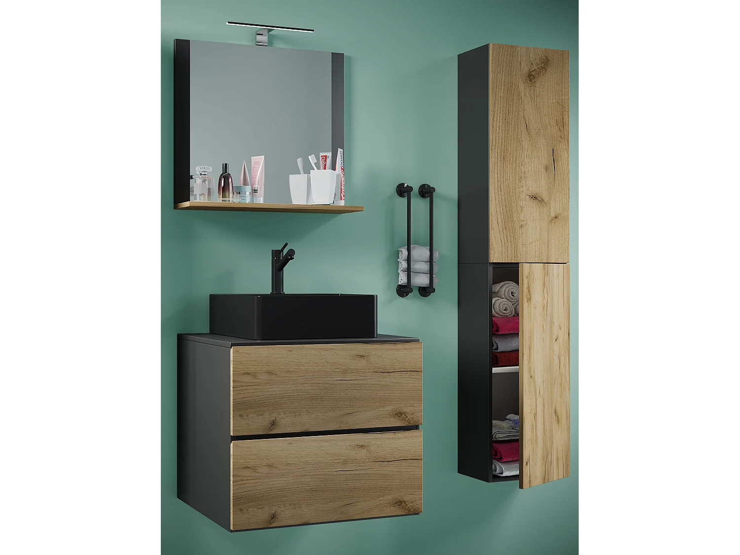 Bathroom furniture washbasin Lendas Anthracite / honey oak H. 150 x W. 93 x D. 52 cm