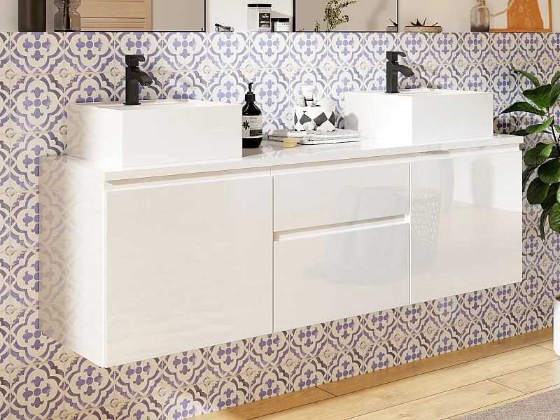 Waschbeckenunterschrank hängend mit Doppelwaschbecken - Weiß - 150 cm - JIMENA II