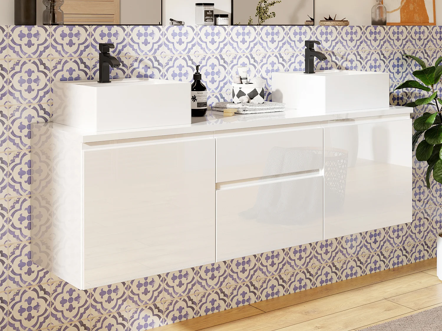 Waschbeckenunterschrank hängend mit Doppelwaschbecken - Weiß - 150 cm - JIMENA II