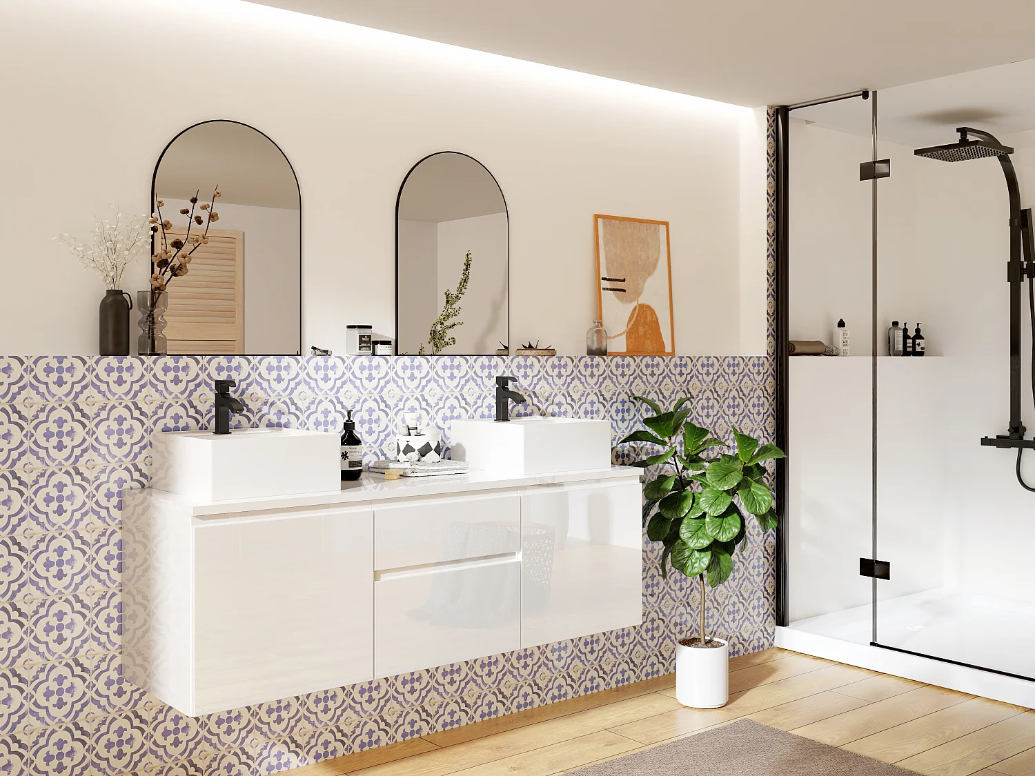 Set per bagno sospeso con doppio lavabo Opzione specchi Bianco - JIMENA
