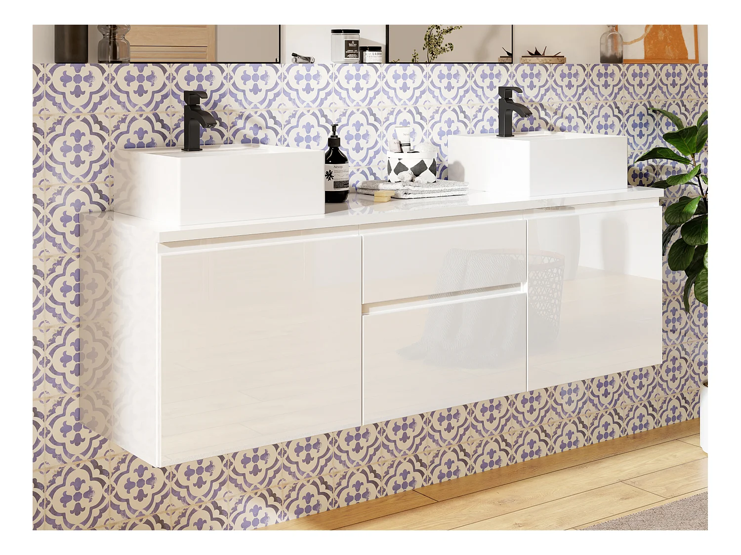 Conjunto suspenso para casa de banho com lavatório duplo cor branco - JIMENA