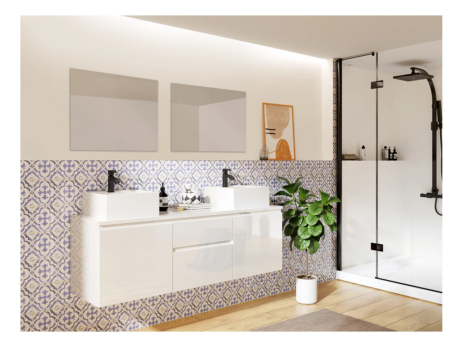 Meuble de salle de bain suspendu avec double vasque et miroirs - Blanc - 150 cm - JIMENA II