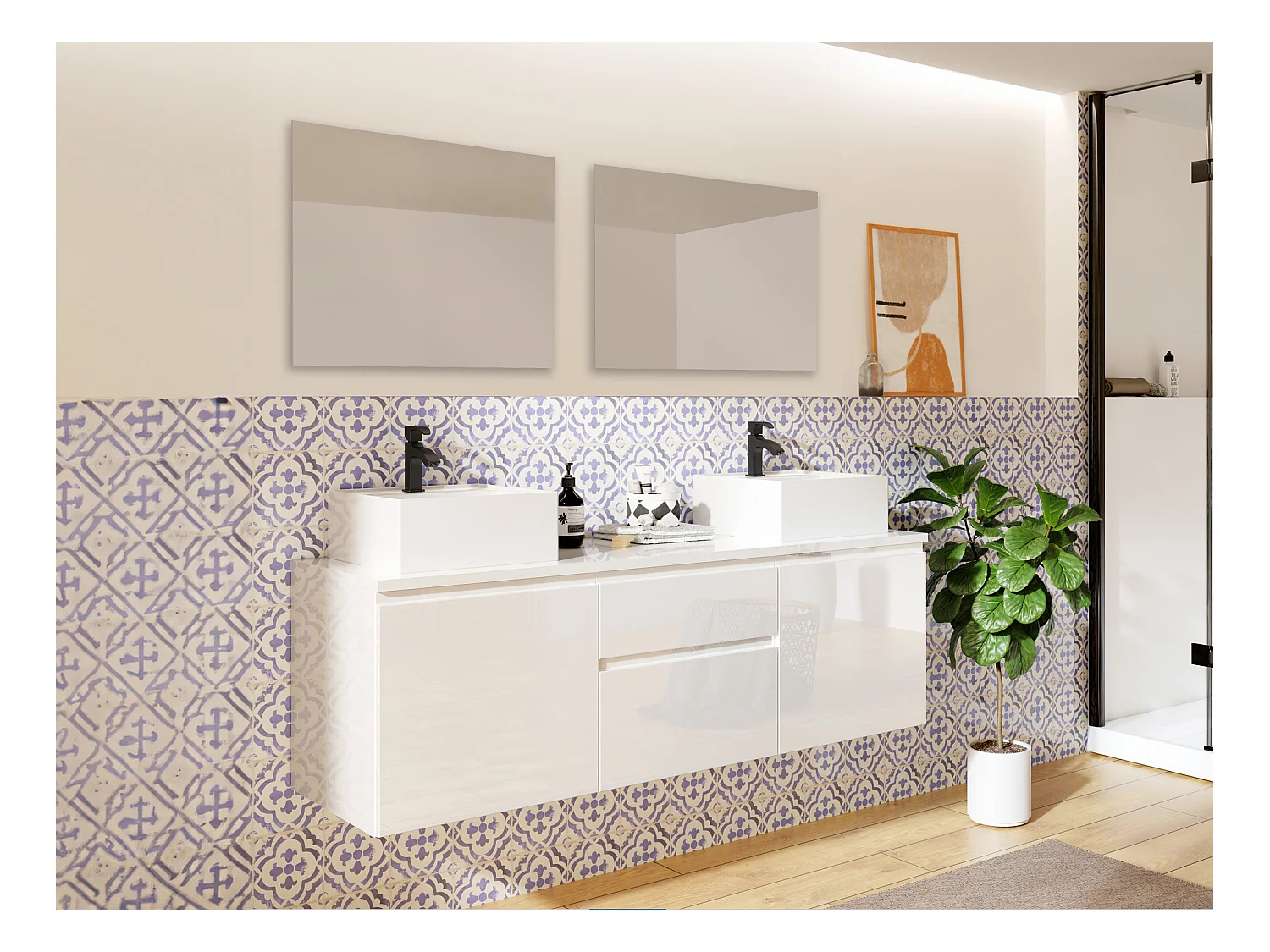 Set per bagno sospeso con doppio lavabo e specchi Bianco - JIMENA
