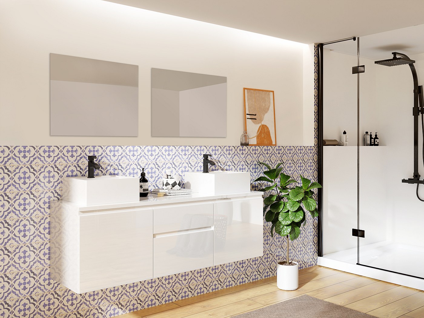 Meuble Salle De Bain Suspendu Double Vasque 150cm - Blanc Brillant, 4 Tiroirs, MDF, à Monter