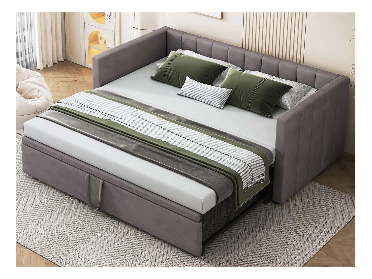 Lit gigogne rembourré 90/180x200cm lit canapé en tissu velours avec sommier à lattes - Gris