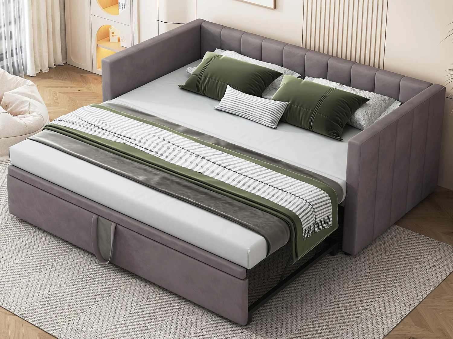 Gestoffeerde onderschuifbed 90/180x200cm slaapbank in fluwelen stof met lattenbodem - Grijs