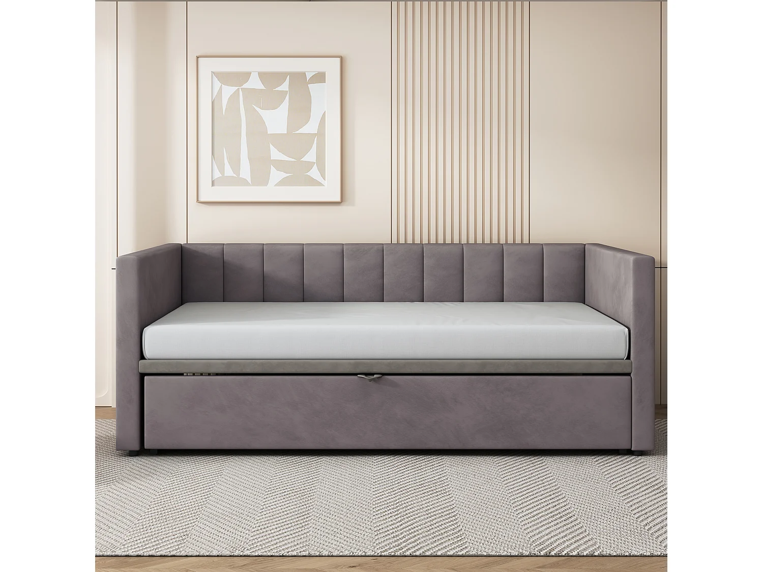 Gestoffeerde onderschuifbed 90/180x200cm slaapbank in fluwelen stof met lattenbodem - Grijs