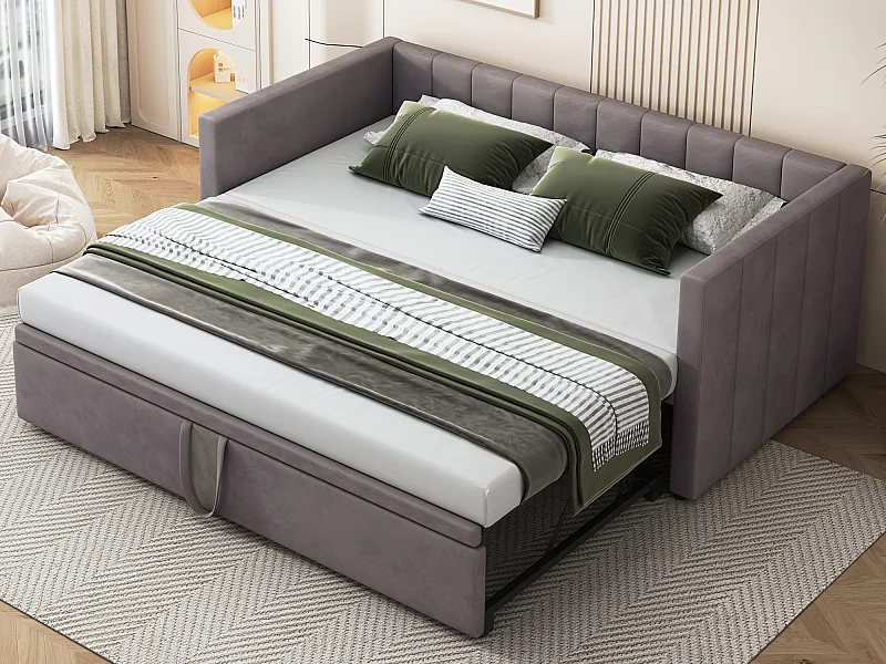 Lit gigogne rembourré 90/180x200cm lit canapé en tissu velours avec sommier à lattes - Gris